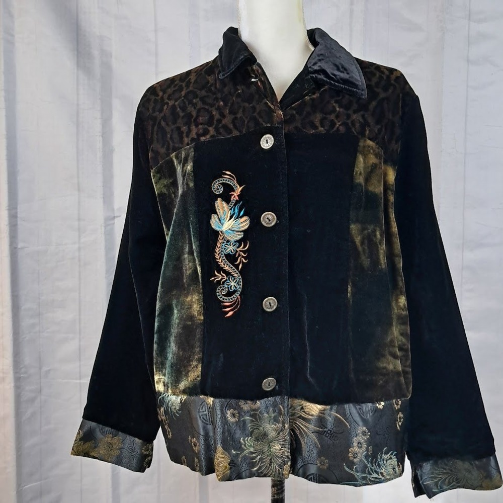 Vtg 90s White Stag Black Velvet Satin Brocade Leopard Jacket Whimsigoth Funky